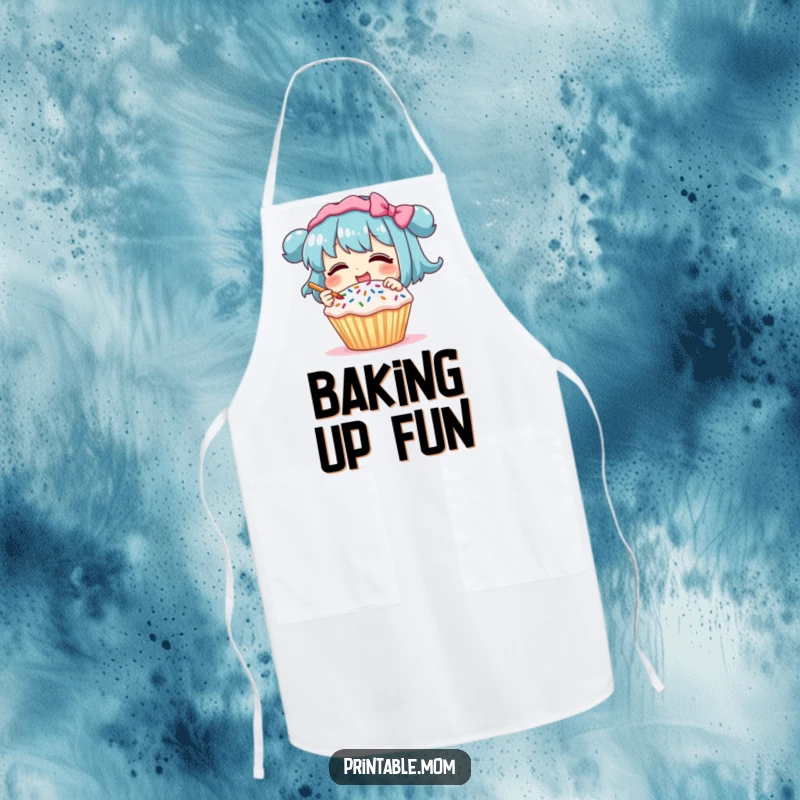 Funny Apron: Character giggling while decorating a cupcake with sprinkles, a humorous and functional kitchen essential.