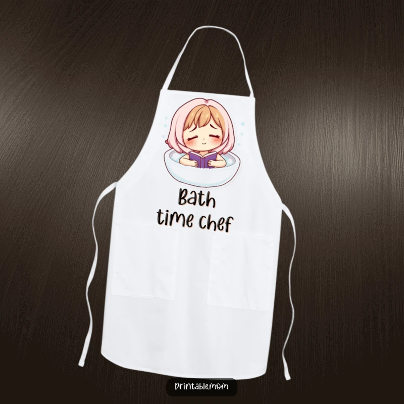 Funny apron depicting a tired but smiling mom character relaxing in a bubble bath with a book, humorously framed for the kitchen.