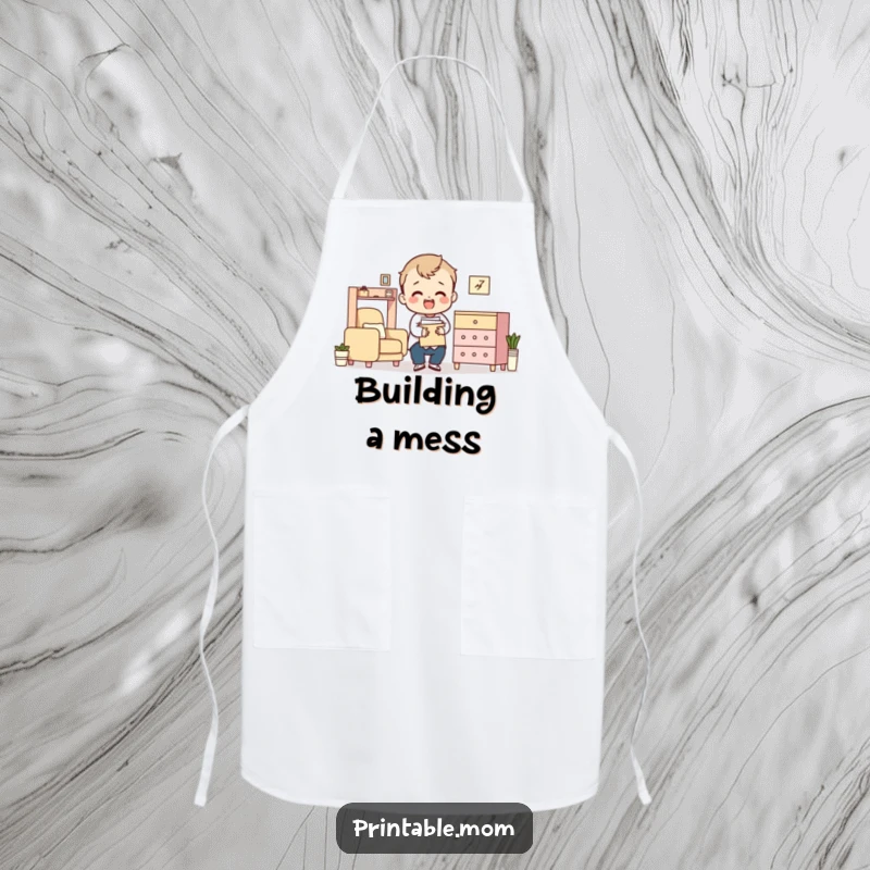 Funny apron showing a character comically attempting to cook while surrounded by flat-pack furniture components.