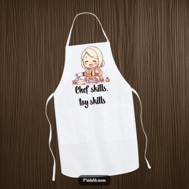 Funny apron depicting a giggling mom character delightedly assembling a complicated toy, bringing playful parenting humor to the kitchen.
