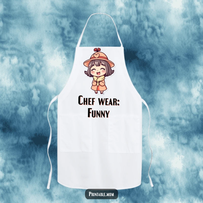 Funny Mom Apron showing a mom character wearing a funny hat and looking delighted, great for cooking.
