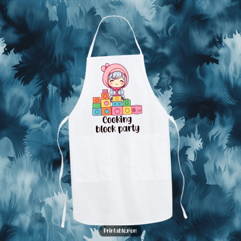 Funny Mom Apron: A happy mom character stacking colorful building blocks, a fun and funny kitchen gift.