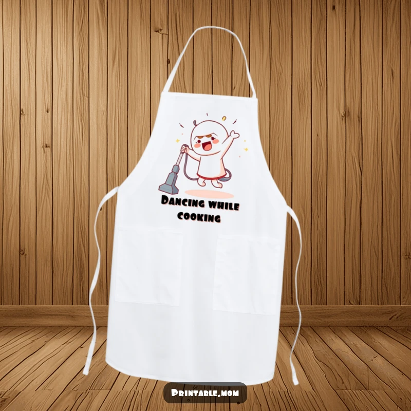 Funny apron depicting a character doing a silly dance with a vacuum cleaner, a humorous and practical kitchen accessory.