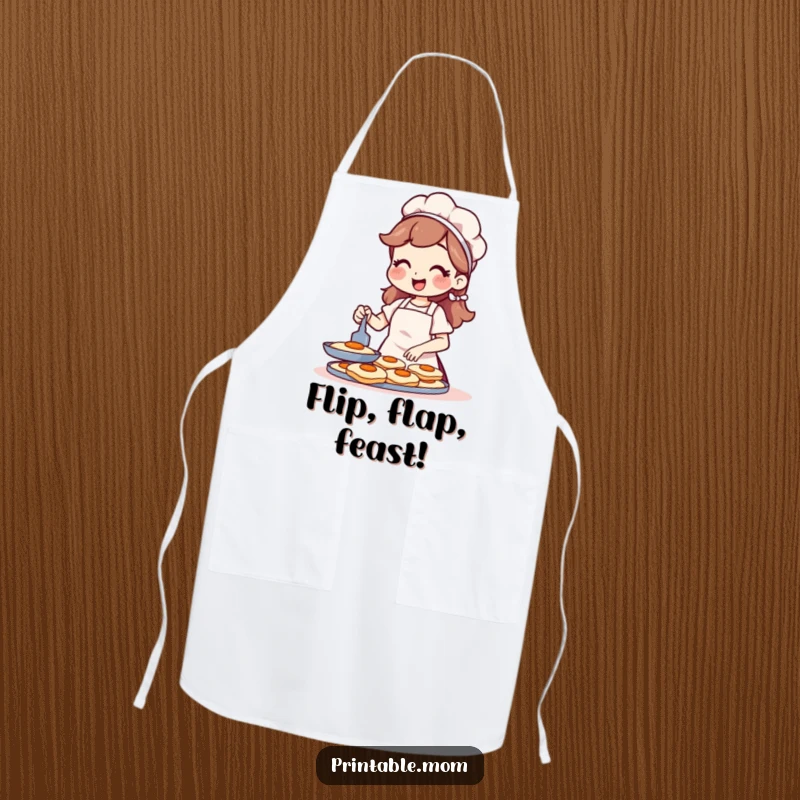 Funny kitchen apron with a cheerful mom character in an apron flipping pancakes, great for cooks.