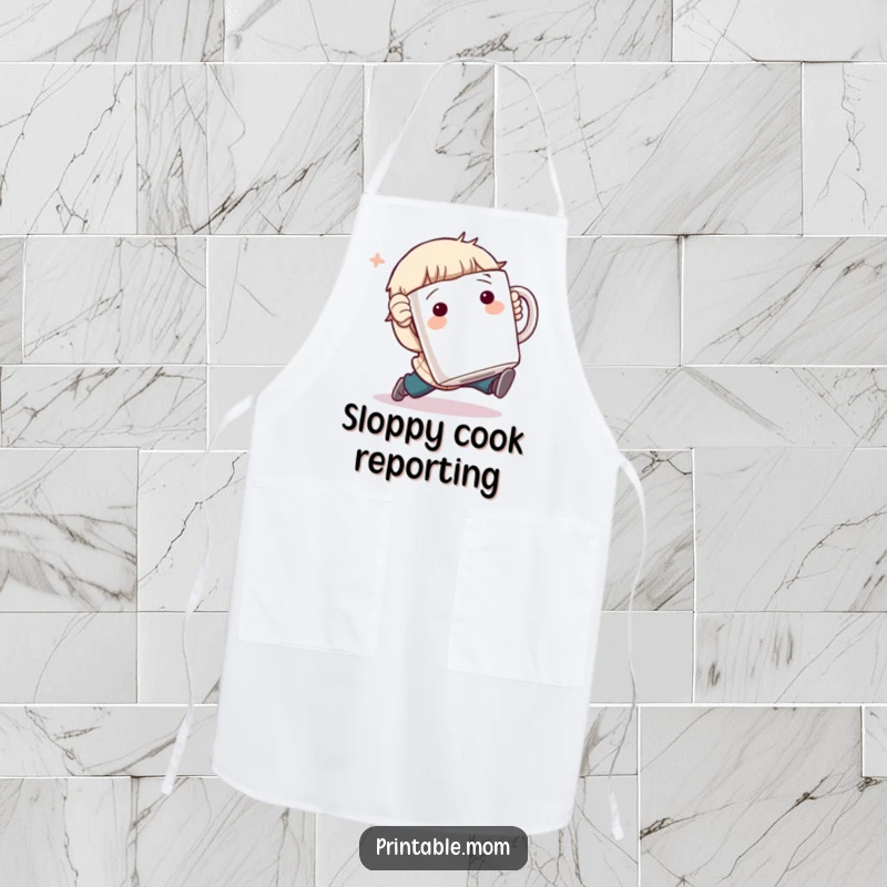 Funny Apron: Character comically tripping while holding a giant coffee mug, a humorous kitchen accessory for cooks.