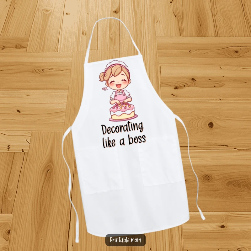 Funny mom character in an apron, joyfully decorating a cake, on a durable kitchen apron.