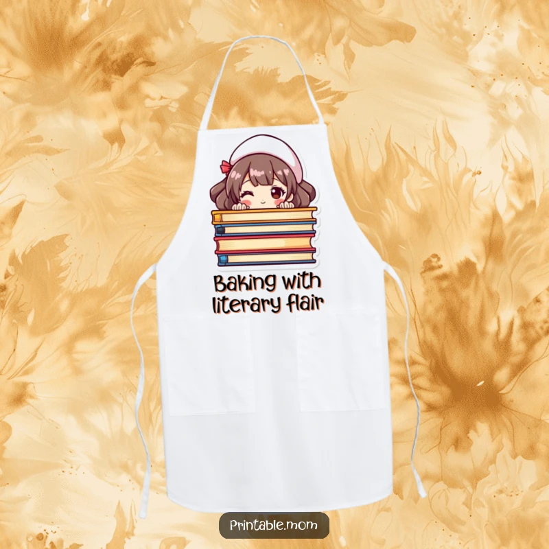 Funny apron showing a mom peeking from behind a stack of colorful books, great for multitasking moms.