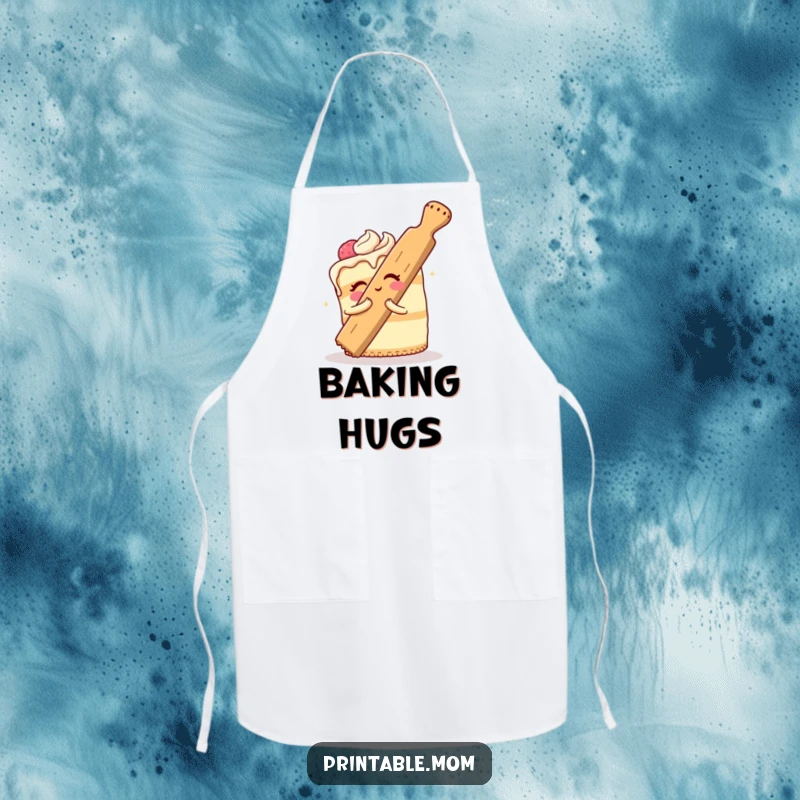 Funny Cake Apron for baking, showing a cheerful dessert comically hugging a giant rolling pin, a fun kitchen accessory.