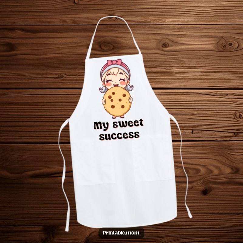 Funny apron depicting a cheerful mom presenting a huge, perfectly baked cookie, ready for kitchen adventures.