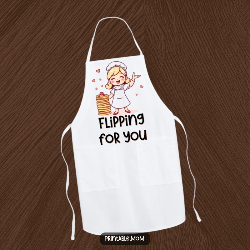 Funny apron for a chef mom, showing a bubbly character humorously juggling a stack of pancakes while cooking with a joyful expression.