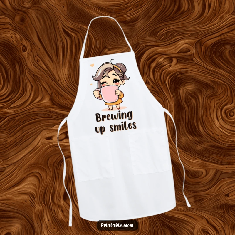 Funny apron showing a smiling mom character holding an oversized coffee mug, celebrating her love for coffee.