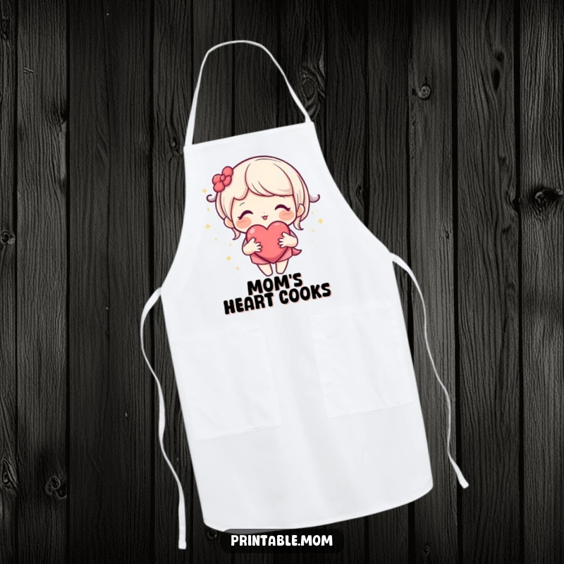 Funny apron showcasing a loving mom character with an open heart and tiny sparkles, perfect for kitchen duties.