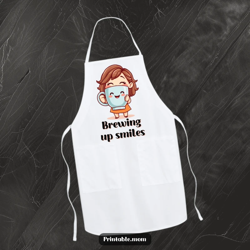 Funny kitchen apron with a smiling mom character holding a giant coffee mug, great for coffee lovers.