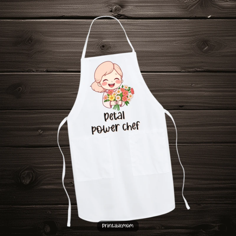 Funny apron depicting a mom character laughing heartily while holding a bouquet of flowers, perfect for kitchen tasks with cheer.