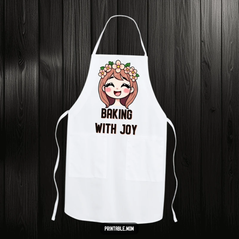 Funny apron with a mom in a flower crown giggling, ideal for cheerful kitchen adventures and maternal pride.