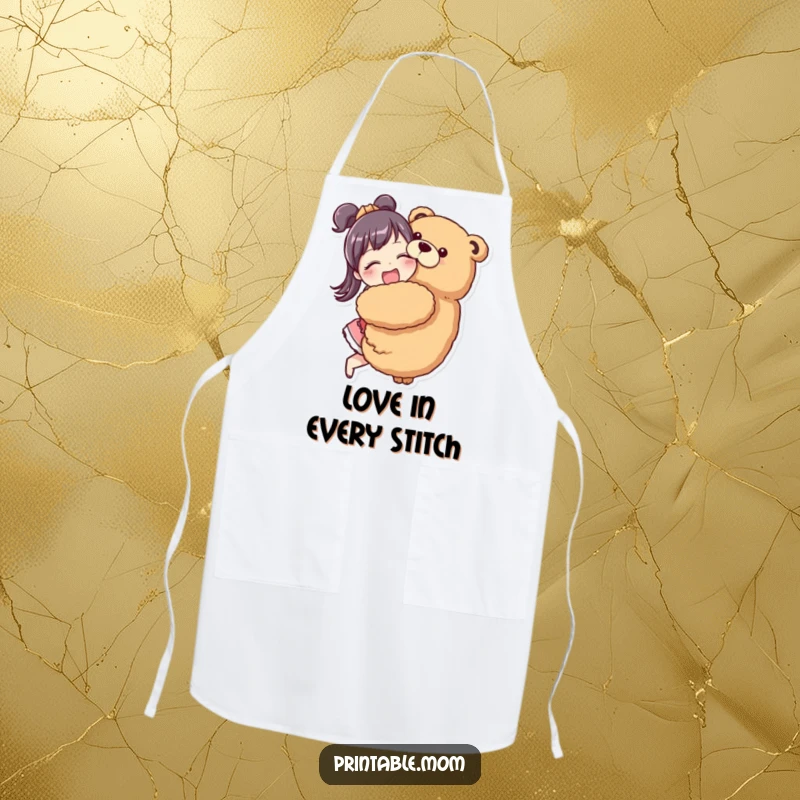 Funny Mom Apron showing a mom character enthusiastically hugging a giant stuffed animal while in the kitchen.