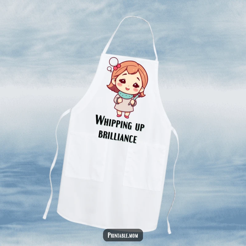 Funny mom apron with a sparkling thought bubble and pen, ideal for a witty chef.