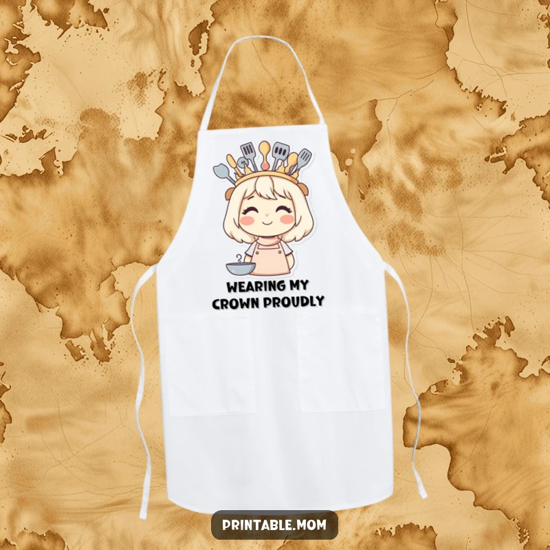Funny apron showing a smiling mom wearing a crown of cooking utensils, ready to conquer any culinary challenge.