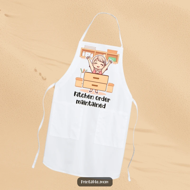 Funny apron depicting a mom character proudly displaying a perfectly organized drawer, a symbol of her meticulous nature.