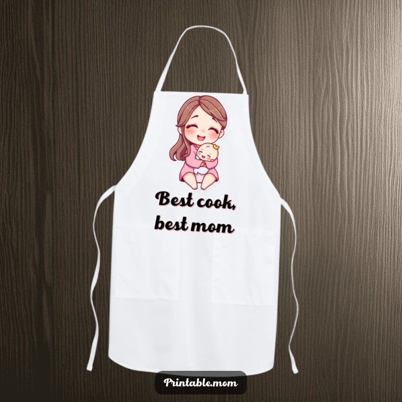 Funny apron with a motherly character smiling and hugging a tiny baby, perfect for adding love and humor to cooking.