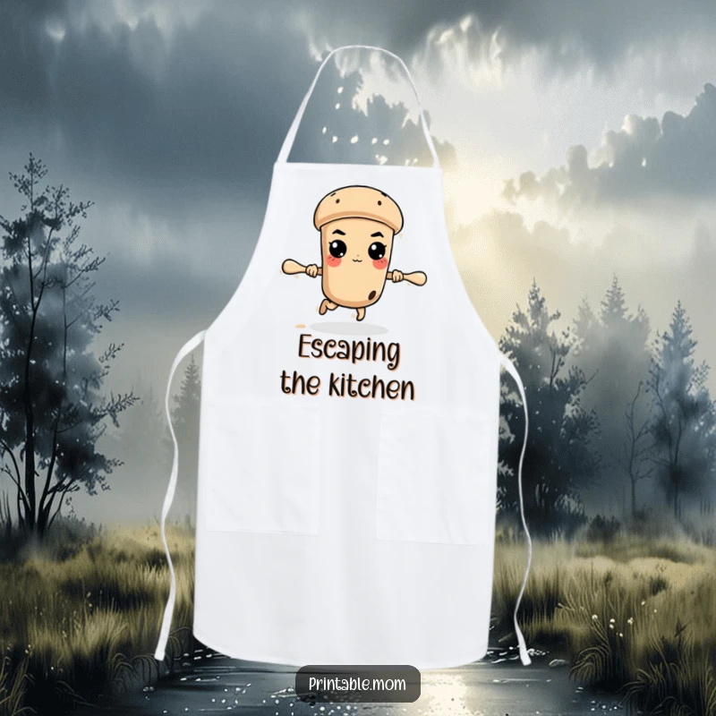 Funny running rolling pin with a determined look, on a protective and humorous apron for the kitchen