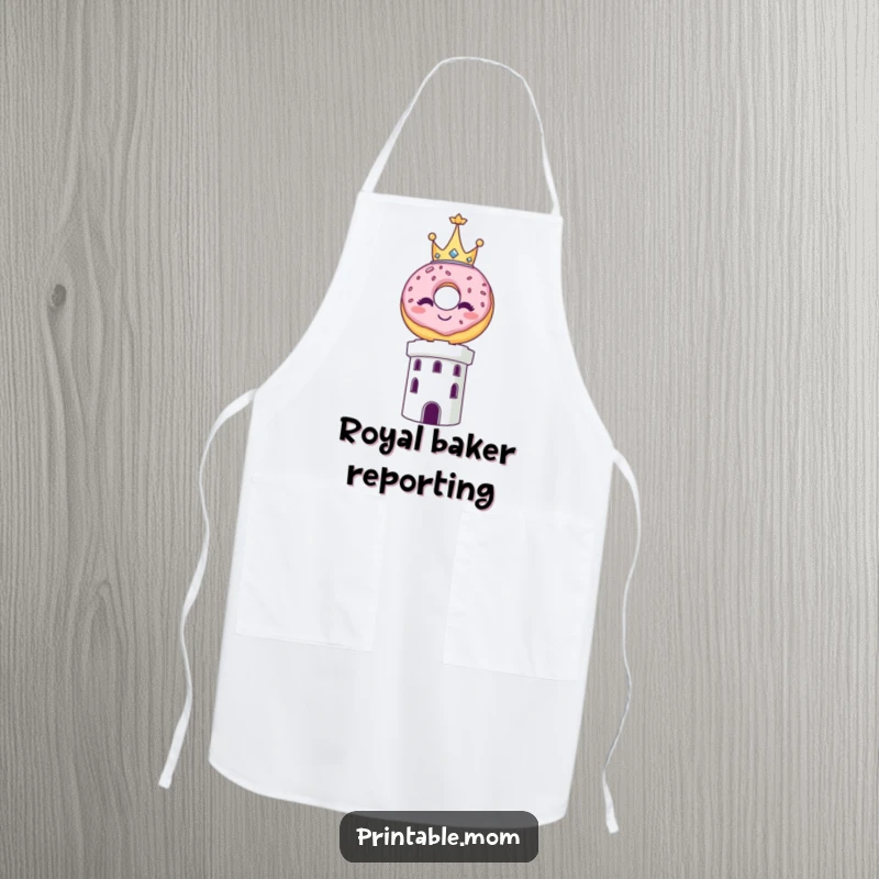 Funny apron showing a smiling donut wearing a tiny crown, confidently balancing atop a tall tower.