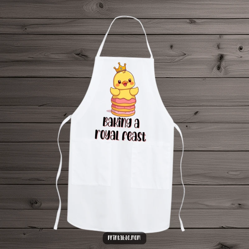 Funny apron featuring a surprised rubber ducky in a crown, balancing a tower of donuts, ideal for a humorous cooking experience.