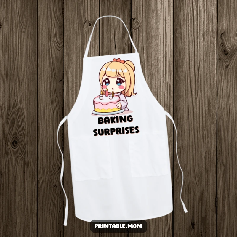 Funny apron with a surprised mom character holding a perfectly decorated cake, perfect for a humorous and triumphant baking experience.