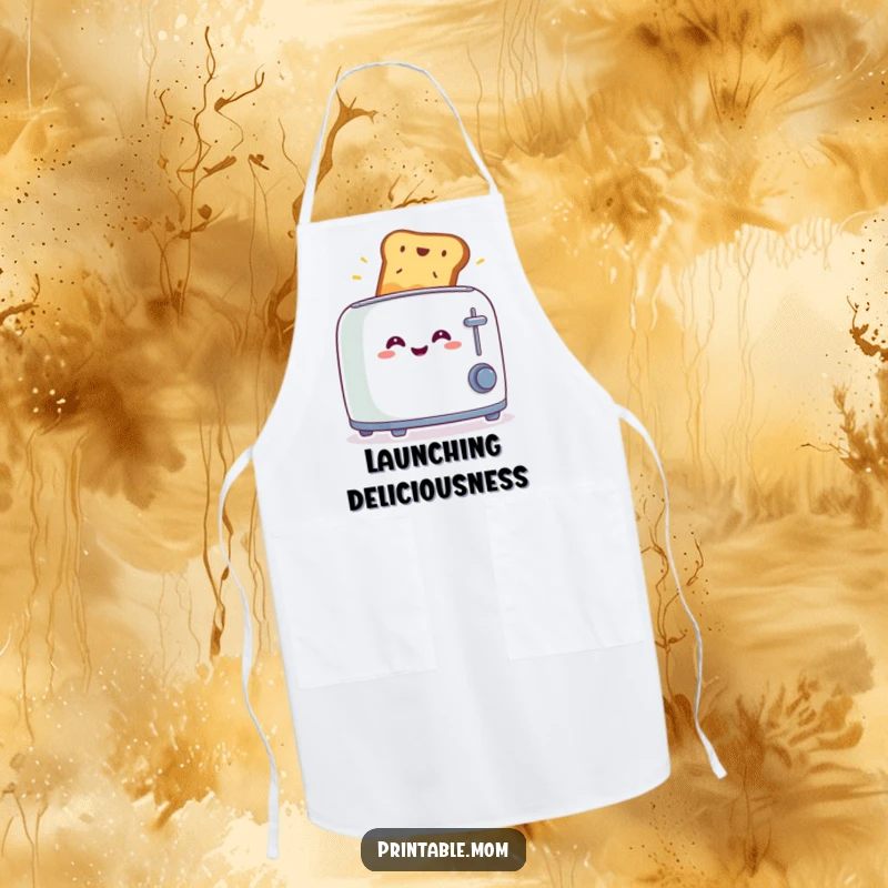 Funny apron illustrating a smiling toaster with toast launching out in surprise, ideal for humorous cooking or baking sessions.
