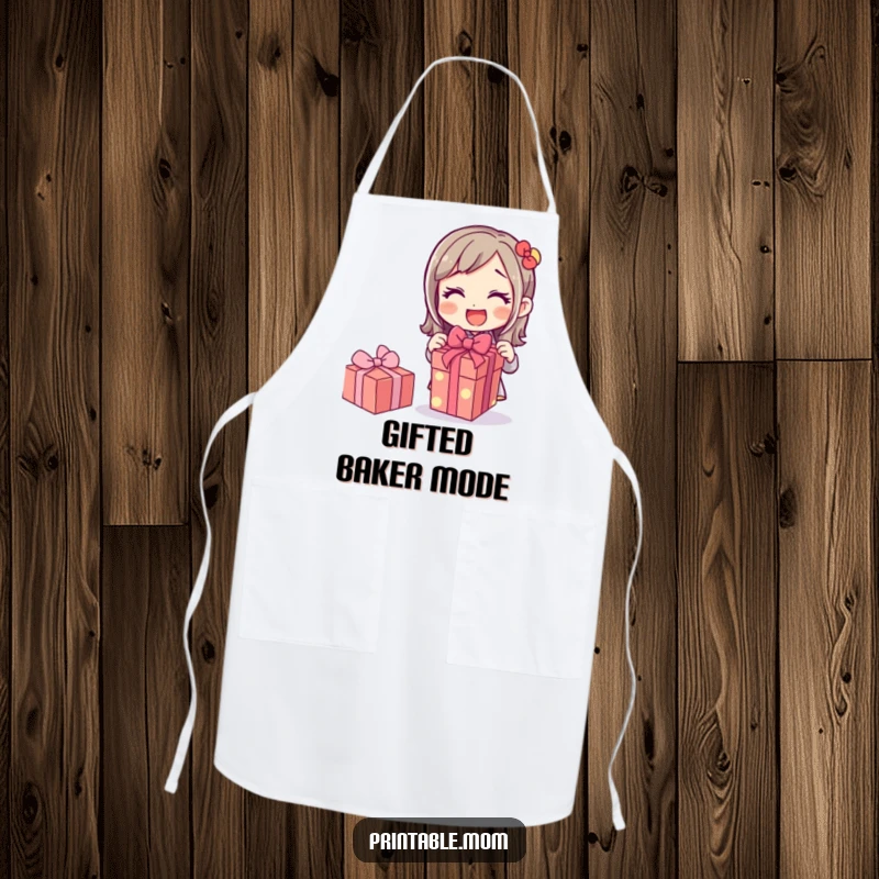 Funny apron featuring a mom character excitedly unwrapping a gift while cooking, adding humor to the kitchen, a great gift idea.