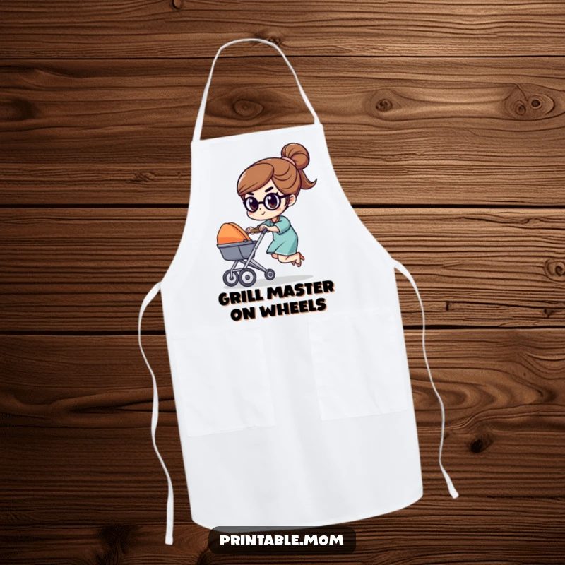 Funny apron depicting a determined mom character racing a tiny stroller with a focused expression, bringing humorous mom-power to the kitchen.