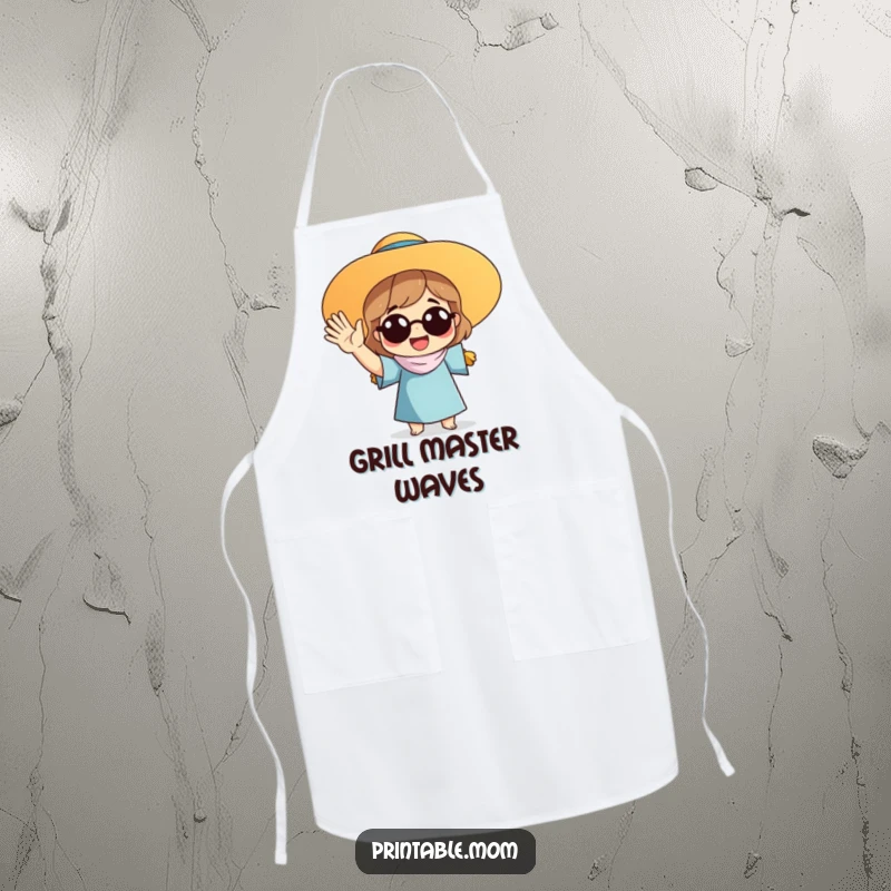 Funny apron with a mom in a sun hat waving enthusiastically, ideal for cheerful kitchen adventures and maternal warmth.