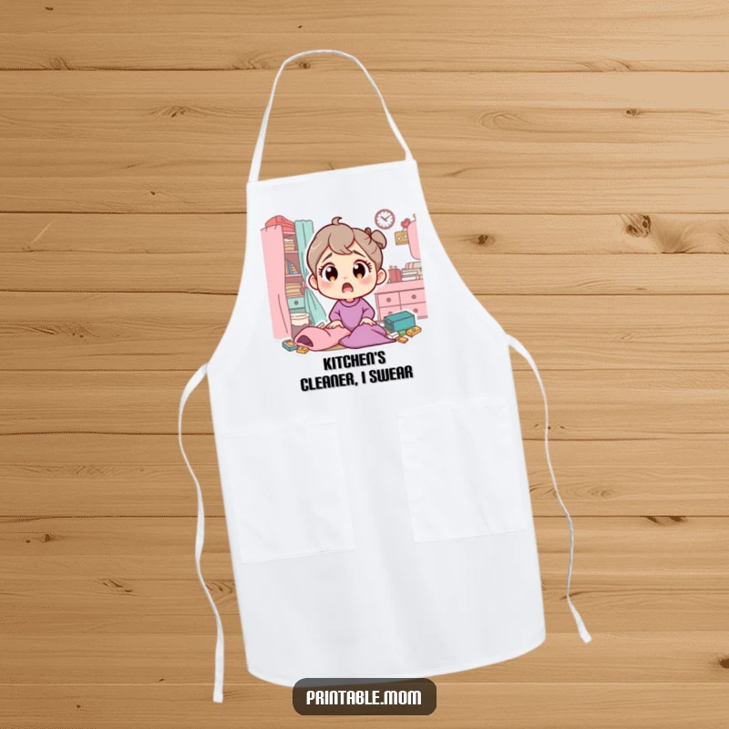 Funny apron depicting a mom character with wide, surprised eyes looking at a messy room, perfect for kitchen tasks with humor.