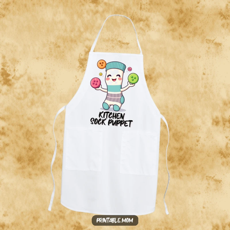 Funny apron illustrating a smiling sock juggling three colorful buttons, ideal for adding humor to cooking or crafting activities.