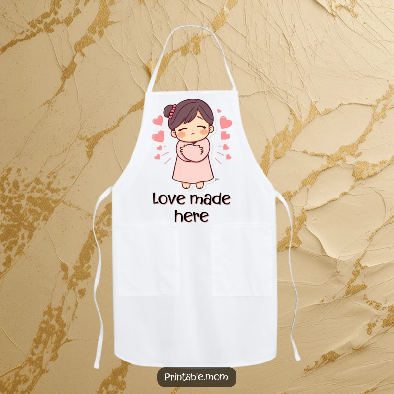 Funny Mom Apron showing a mom's warm hug with hearts radiating, ideal for cooking and baking, a practical and funny gift.