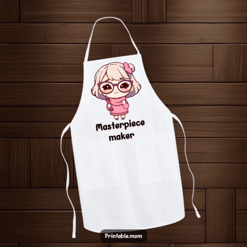 Funny kitchen apron with a mom character in big glasses winking while holding a crayon, for artists.