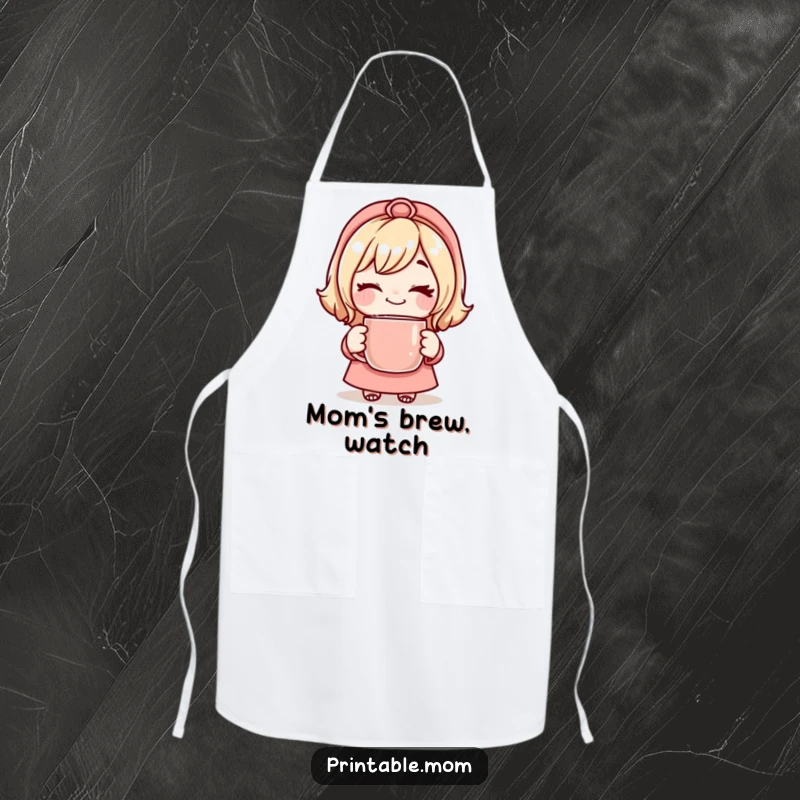 Funny Mom Apron showing a mom character winking playfully while holding a steaming mug, great for cooking.