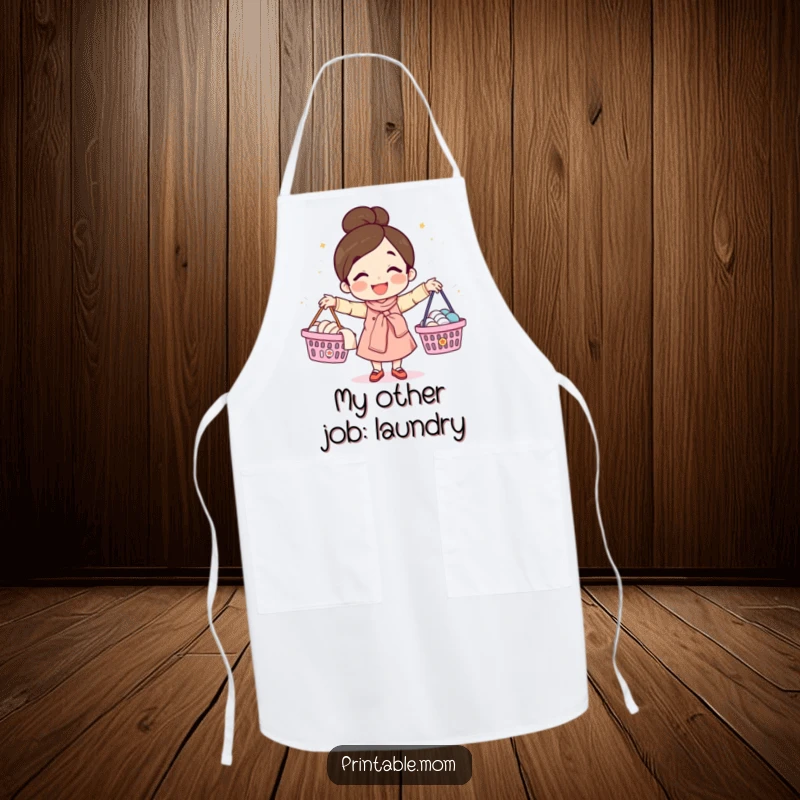 Funny apron depicting a happy mom character juggling laundry baskets, perfect for kitchen tasks or laundry duty with added humor.