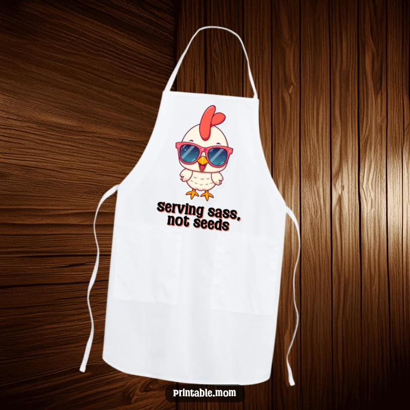 Funny chicken in oversized sparkly sunglasses, cooking with flair on a durable and humorous apron