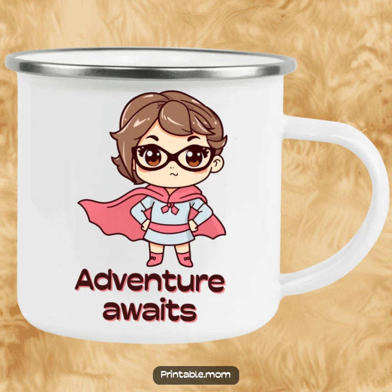 Funny mom camping mug showing a determined mom in a superhero cape, perfect for enjoying a drink on any expedition.