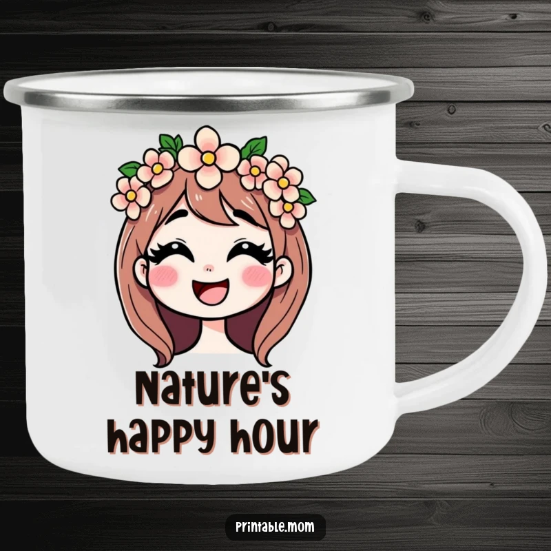 Funny camping mug with a mom in a flower crown giggling, perfect for enjoying drinks outdoors with maternal cheer.