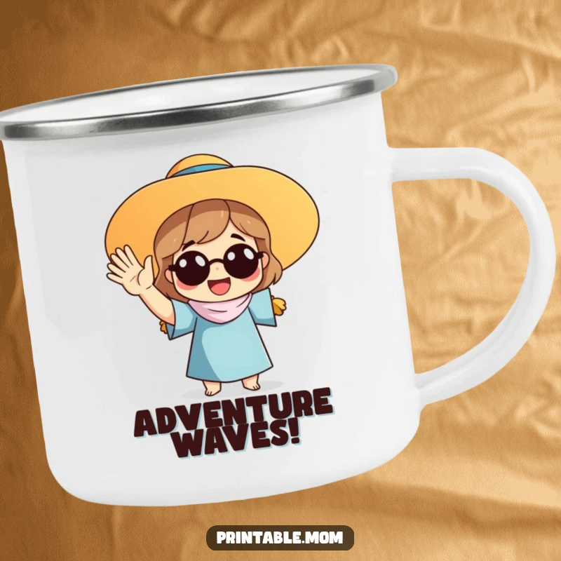 Funny camping mug with a mom in a sun hat waving, perfect for enjoying drinks outdoors with maternal cheerfulness.