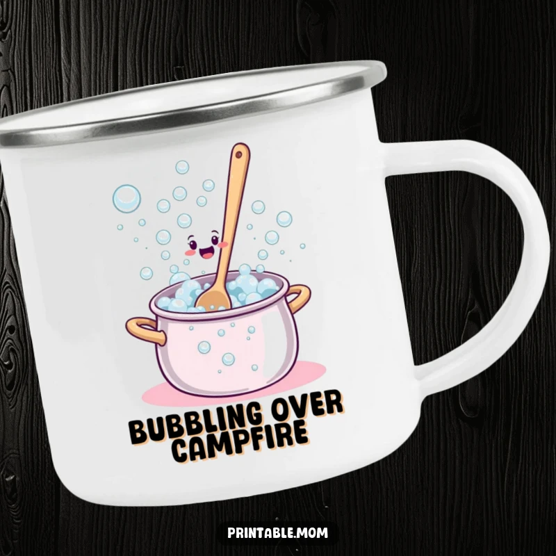Funny Camping Mug showing a bewildered spoon stirred into a pot overflowing with bubbles.