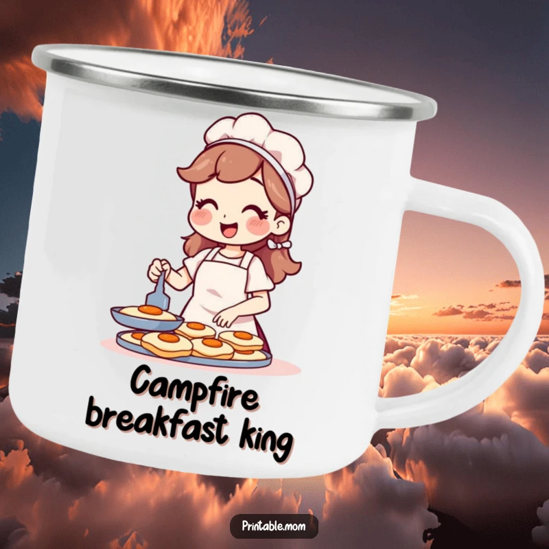 Funny camping mug with a cheerful mom in an apron flipping pancakes during an outdoor meal.