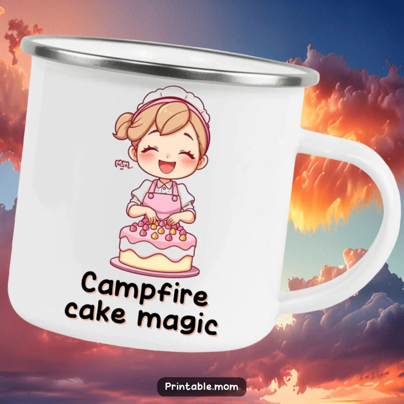 Funny mom character in an apron, joyfully decorating a cake, on a durable camping mug.