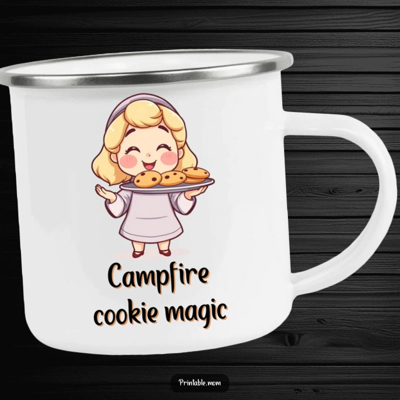 Funny Mom Camping Mug: A proud mom offering freshly baked cookies, a fun and funny outdoor gift.