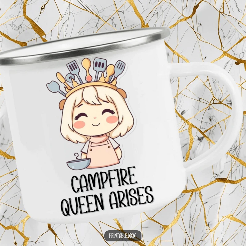 Funny enamel camping mug featuring a smiling mom with a crown of cooking utensils, ready for outdoor adventures.