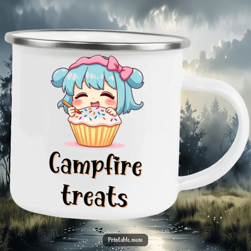 Funny Camping Mug: Character giggling while decorating a cupcake with sprinkles, a durable and humorous mug for outdoor baking fans.