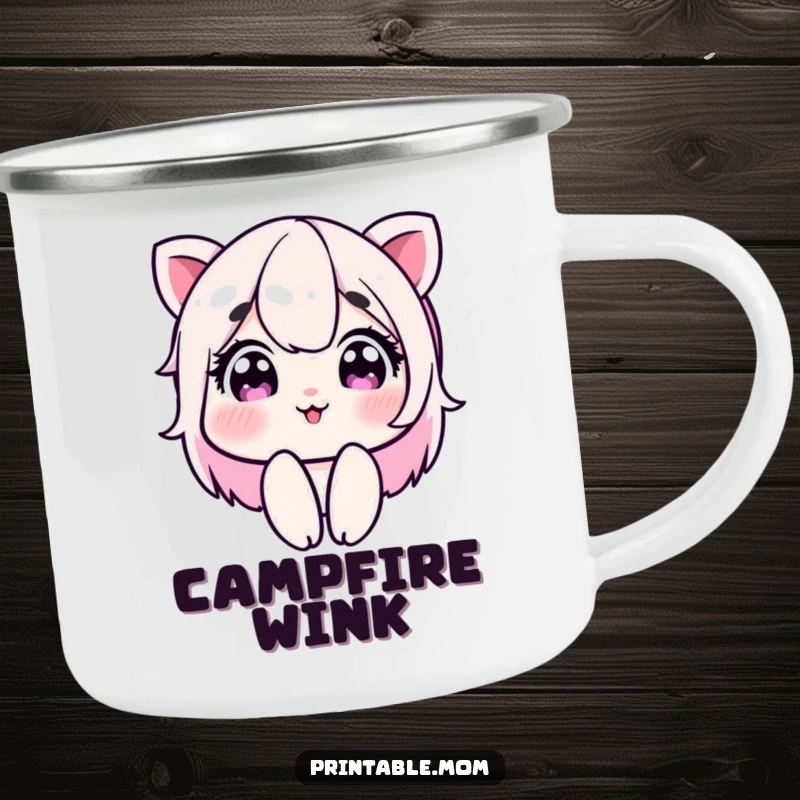 Funny camping mug showing a mom character winking playfully, perfect for enjoying drinks outdoors with a sassy attitude, a unique gift.