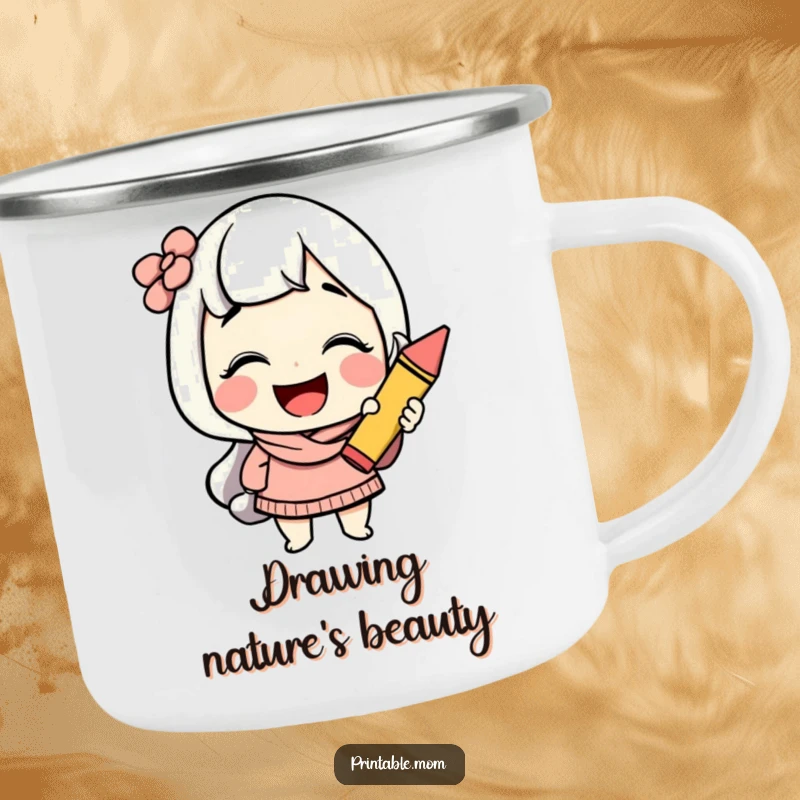 Funny mom camping mug with a cheerful character giggling while holding a colorful crayon, ideal for outdoor creativity.